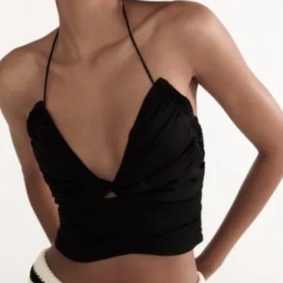 ZARA Black Crepe Double Lined Stretch Smocked Sides Draped Halter Crop Top - Picture 1 of 6